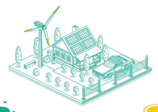 Isometric Smart House with Solar Panels, Wind Turbine and Electric Transformer. Generation of Green Energy. Sustainable Renewable Lifestyle. Green Energy Industry.