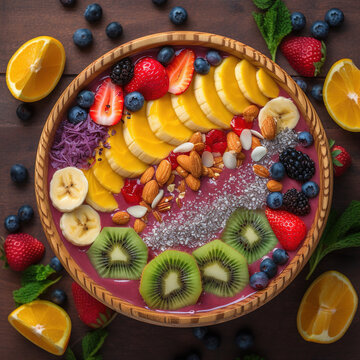 Top down view of a tropical smoothie bowl, generative AI