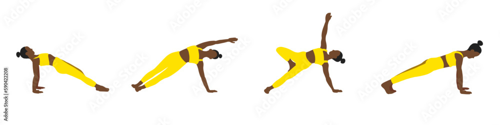 Wall mural Flexibility yoga poses collection. African American female, lady, woman, girl with yellow track suit. Pilates and training. Vector illustration in cartoon flat style isolated on white background.