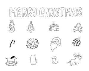 Merry Christmas Set. Vector elements in outline doodle style isolated on white background.