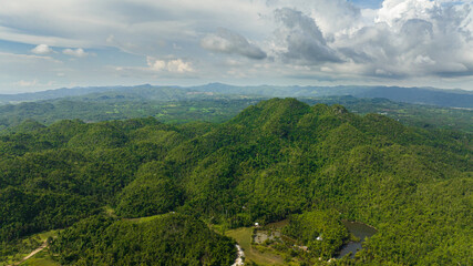 Obraz premium Mountains and hills with green vegetation and trees in the tropics. Negros, Philippines