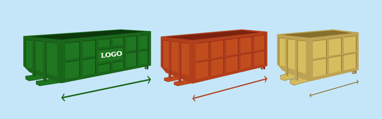 Dumpster vector illustration. Three different-sized isolated containers in various colors