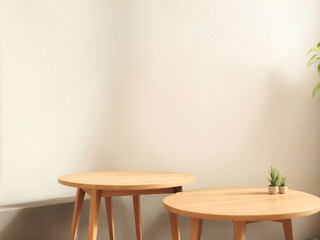 Empty top wooden shelves and wall background.