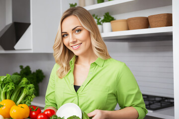 A young woman in an apron prepares a healthy food of vegetables in the kitchen. Generative ai.	