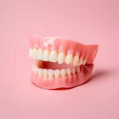 Obraz premium 3D false teeth isolated on plain pink studio background, made with generative ai