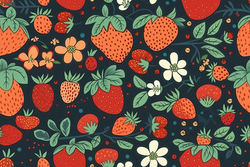 Seamless strawberry pattern on a light blue background. Generative AI illustration. Factory print.