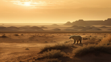 Fototapeta na wymiar Lost in a Changed World: Polar Bear in a Sahara Desert, AI