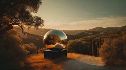 Fototapeta na wymiar Reflecting the Beauty of Provence: Modern Sculpture in a Sunset Garden, AI