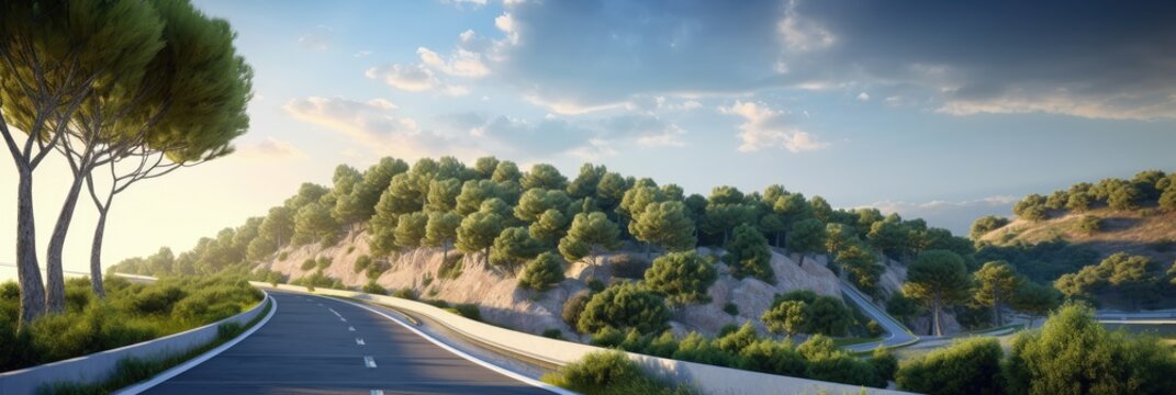 Fototapeta landscape in southern france, road in the creeks of French Riviera sunset banner, AI 