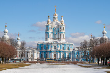View of the ancient Smolny Cathedral on a sunny March day. Saint Petersburg