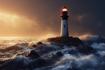 Obraz premium Waves hitting a lighthouse at sunset, seascape with a gloomy sky, dramatic lighting, generative AI