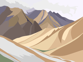 Vector illustration of a landscape with sandy mountains and gloomy sky - 590424229