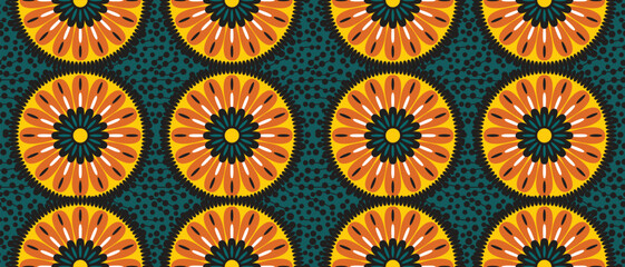 African ethnic traditional green pattern. seamless beautiful Kitenge, chitenge,Ankara style. fashion design in colorful. Geometric circle abstract motif. Floral Ankara prints, African wax prints