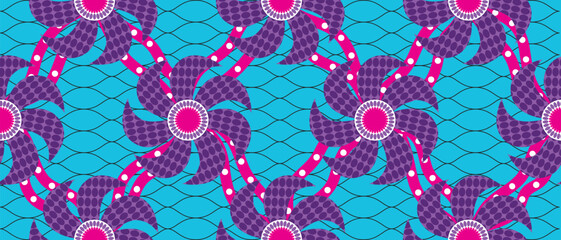 African ethnic traditional blue pattern. seamless beautiful Kitenge, chitenge, Ankara style. fashion design in colorful. purple flower abstract motif. Floral  Ankara prints, African wax prints.