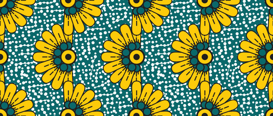 African wax print pattern. seamless beautiful Kitenge, chitenge, dutch wax, and Angara style. fashion design in colorful. yellow botanical flowers on green background. African Wax Print Fabric.