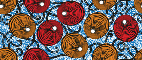 African ethnic traditional blue pattern. seamless beautiful Kitenge, chitenge, Ankara style. fashion design in colorful. Geometric circle abstract motif. Curvy wave line, African wax prints - obrazy, fototapety, plakaty