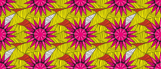 African ethnic yellow pattern. seamless beautiful Kitenge, chitenge, Ankara style. fashion design in colorful. Geometric triangle abstract motif. Pink Floral flowers, African wax prints - obrazy, fototapety, plakaty