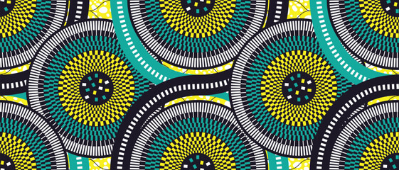 African ethnic traditional blue pattern. seamless beautiful Kitenge, chitenge, Ankara style. fashion design in colorful. Geometric circle motif. Curvy wave Ankara prints, African wax prints - obrazy, fototapety, plakaty