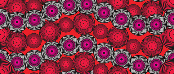 African ethnic traditional red pattern. seamless beautiful Kitenge, chitenge,Ankara style. fashion design in colorful. Geometric circle abstract motif. Floral flower Ankara prints, African wax prints - obrazy, fototapety, plakaty
