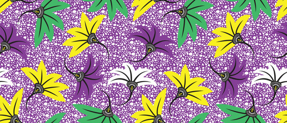 African wax print pattern. seamless beautiful floral Kitenge, chitenge, dutch wax, and Angara style. fashion design in colorful. botanical flower on purple background. African Wax Print Fabric. - obrazy, fototapety, plakaty