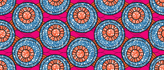 African ethnic traditional pattern. seamless beautiful Kitenge, chitenge, Ankara style. fashion design in colorful. Geometric blue circle abstract motif. pink background. African wax prints - obrazy, fototapety, plakaty