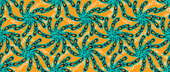 African wax print pattern. seamless beautiful Kitenge, chitenge, dutch wax, and Angara style. geometric shapes fashion design in colorful. blue botanical flower on orange background. African Wax Print