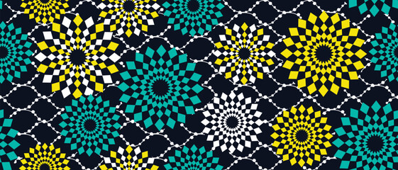 African ethnic traditional blue pattern. seamless beautiful Kitenge, chitenge,Ankara style. fashion design in colorful. Geometric circle abstract motif. Floral flower Ankara prints, African wax prints - obrazy, fototapety, plakaty