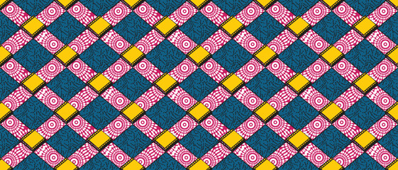 African ethnic traditional blue geometric pattern. seamless beautiful Kitenge, chitenge, Ankara style. fashion design in colorful. Geometric cube abstract motif. Ankara prints, African wax prints - obrazy, fototapety, plakaty