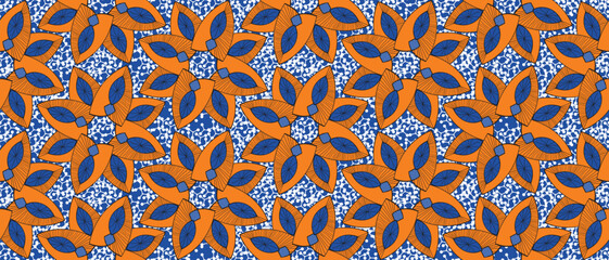 African wax print pattern. seamless beautiful Kitenge, chitenge, dutch wax, and Angara style. geometric shapes fashion design in colorful. orange botanical flower on blue background. African Wax Print - obrazy, fototapety, plakaty