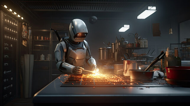 Robot AI Chef wearing chefs outfit. Generative AI