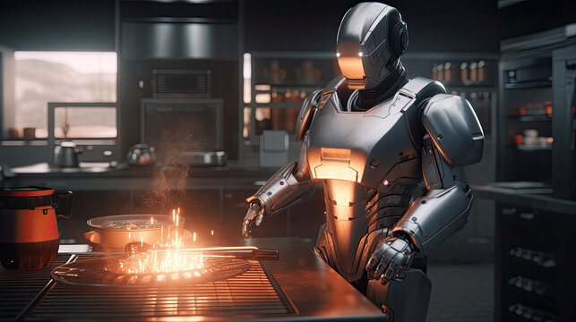 Robot AI Chef wearing chefs outfit. Generative AI