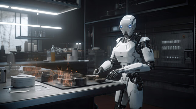 Robot AI Chef wearing chefs outfit. Generative AI