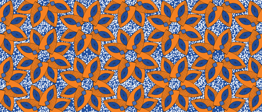African wax print pattern. seamless beautiful Kitenge, chitenge, dutch wax, and Angara style. geometric shapes fashion design in colorful. orange botanical flower on blue background. African Wax Print