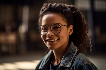 A woman wearing glasses and a denim jacket smiles at the camera. Generative Ai