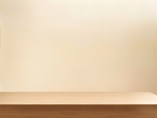 Empty top wooden shelves and wall background.