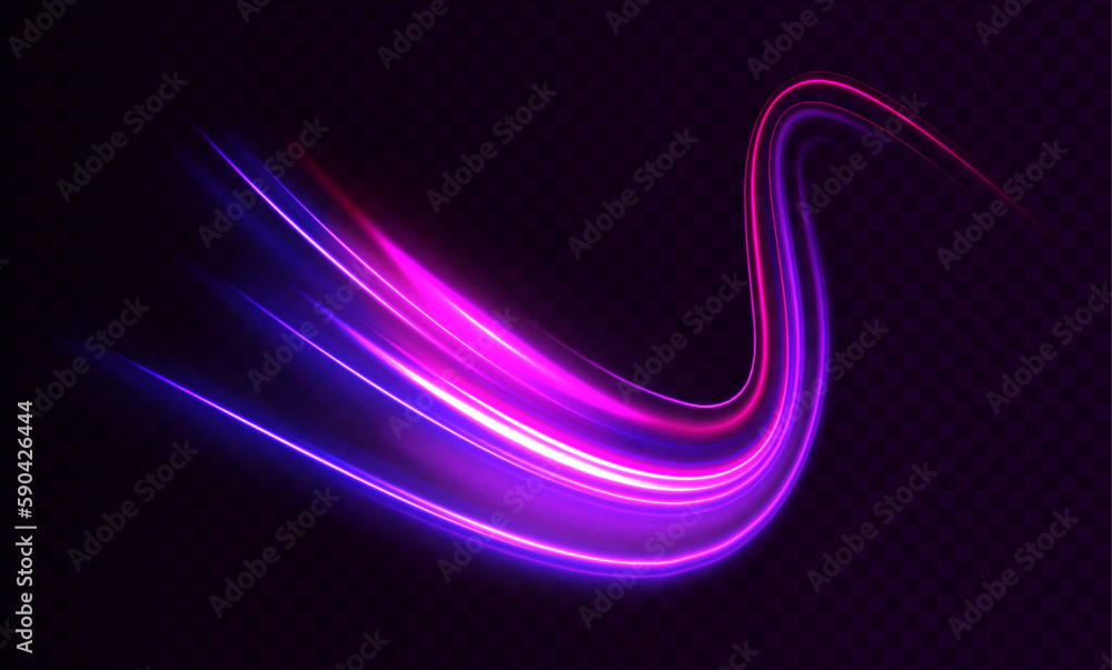 Poster Laser beams luminous abstract sparkling isolated on a transparent background. Light and stripes moving fast over dark background. 