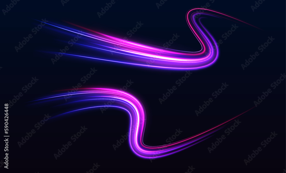 Poster dynamic composition of bright lines forming lights path of speed movement, futuristic dark backgroun