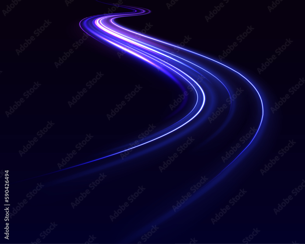 Poster Cyberpunk light trails in motion or light slow shutter effect. Neon color glowing lines background, high-speed light trails effect.