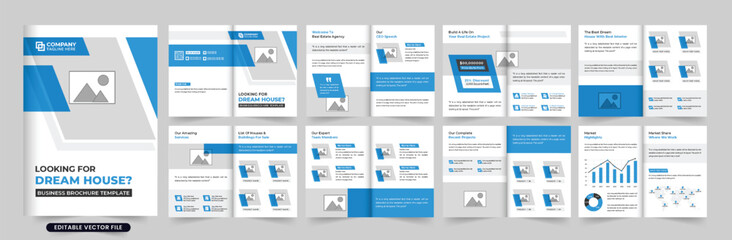 Obraz premium Modern home selling business promotional brochure template vector for marketing. Real estate agency portfolio and magazine layout design with photo placeholders. House sale business overview booklet.