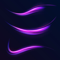 Luminous bright background. High speed effect motion blur night lights blue and red. Magic shining neon light line trails. Purple glowing wave swirl, impulse cable lines. Long time exposure. Vector	