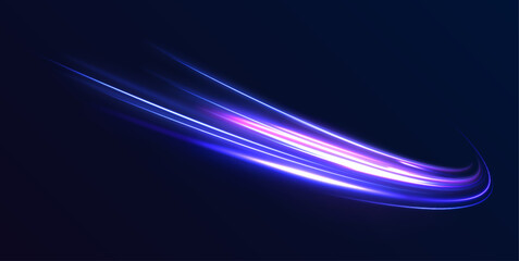 Luminous bright background. High speed effect motion blur night lights blue and red. Magic shining neon light line trails. Purple glowing wave swirl, impulse cable lines. Long time exposure. Vector	