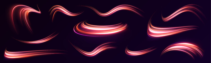 Light Trails On Road At Night. 3d render, abstract futuristic neon background with glowing ascending lines. Fantastic wallpaper