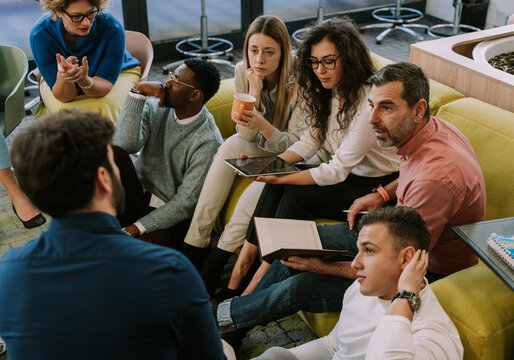 Multiracial coworkers. Brainstorming in moderin office