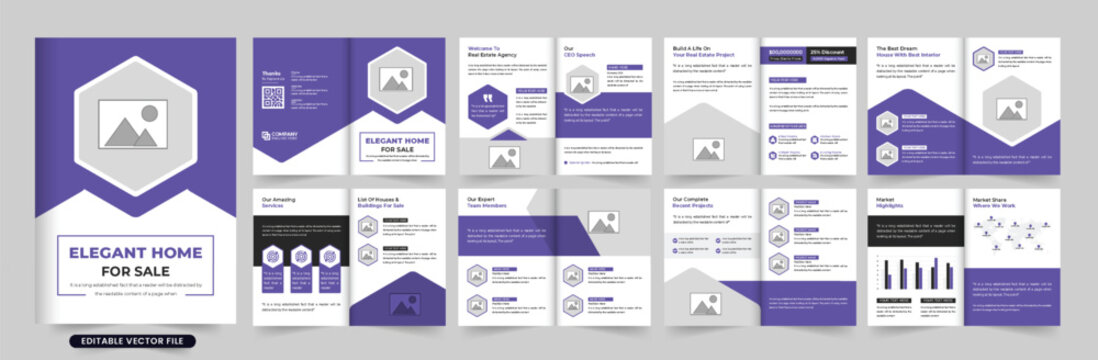 Modern real estate portfolio magazine template vector with photo placeholders. Home selling business booklet layout design with purple and dark colors. House sale brochure vector for marketing.