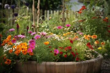 Fototapeta premium garden with a mix of plants that attract pollina, with a mix of wildflowers for a natural area. garden with a mix of plants with interesting bark with a small gree, generative artificial intelligence