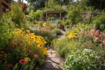 Naklejka premium garden with a mix of plants that attract pollina, with a mix of wildflowers for a natural area. garden with a mix of plants with interesting bark with a small gree, generative artificial intelligence