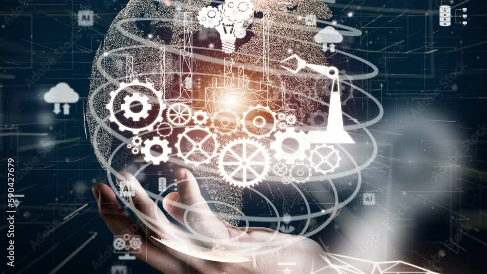 Poster futuristic industry 4.0 and inventive mechanized engineering concept with graphic user interface sho