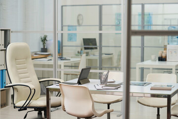 Modern board room with table and chairs for business meeting in medical office