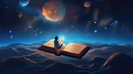 Person reading on a book in the sky - obrazy, fototapety, plakaty