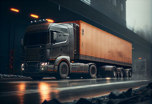 Cargo truck moving on road. Concept: cargo road transportation, truck delivery, moving, logistics theme, logo free. Generative AI